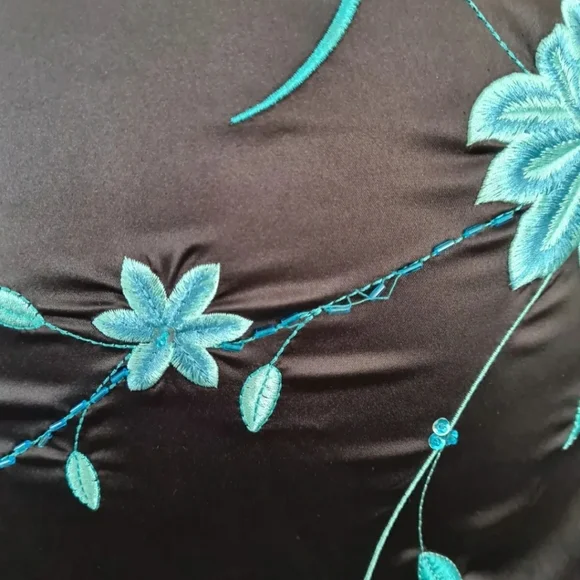 Y2K Jane Norman black satin oriental dress size 10 pencil wiggle vintage floral - Picture 10 of 12